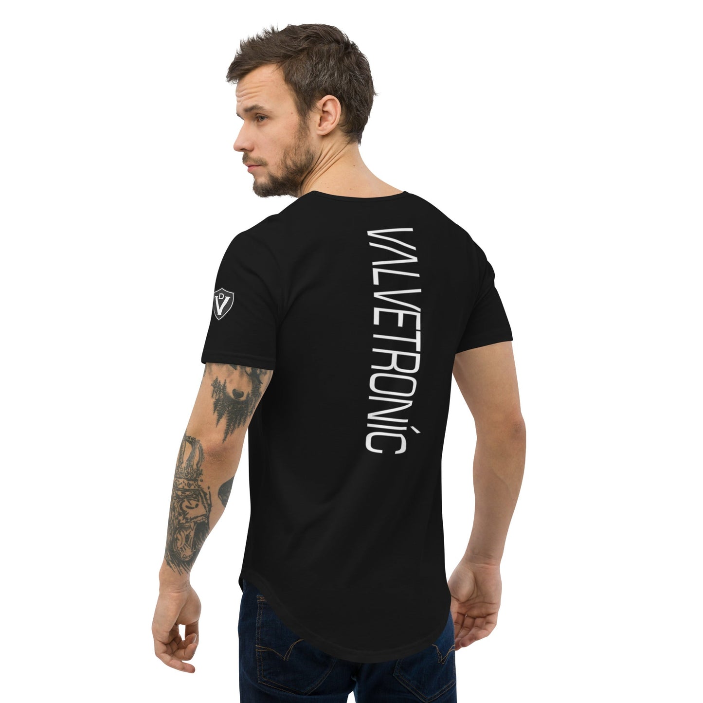 Valvetronic Men's Curved Hem T-Shirt white text