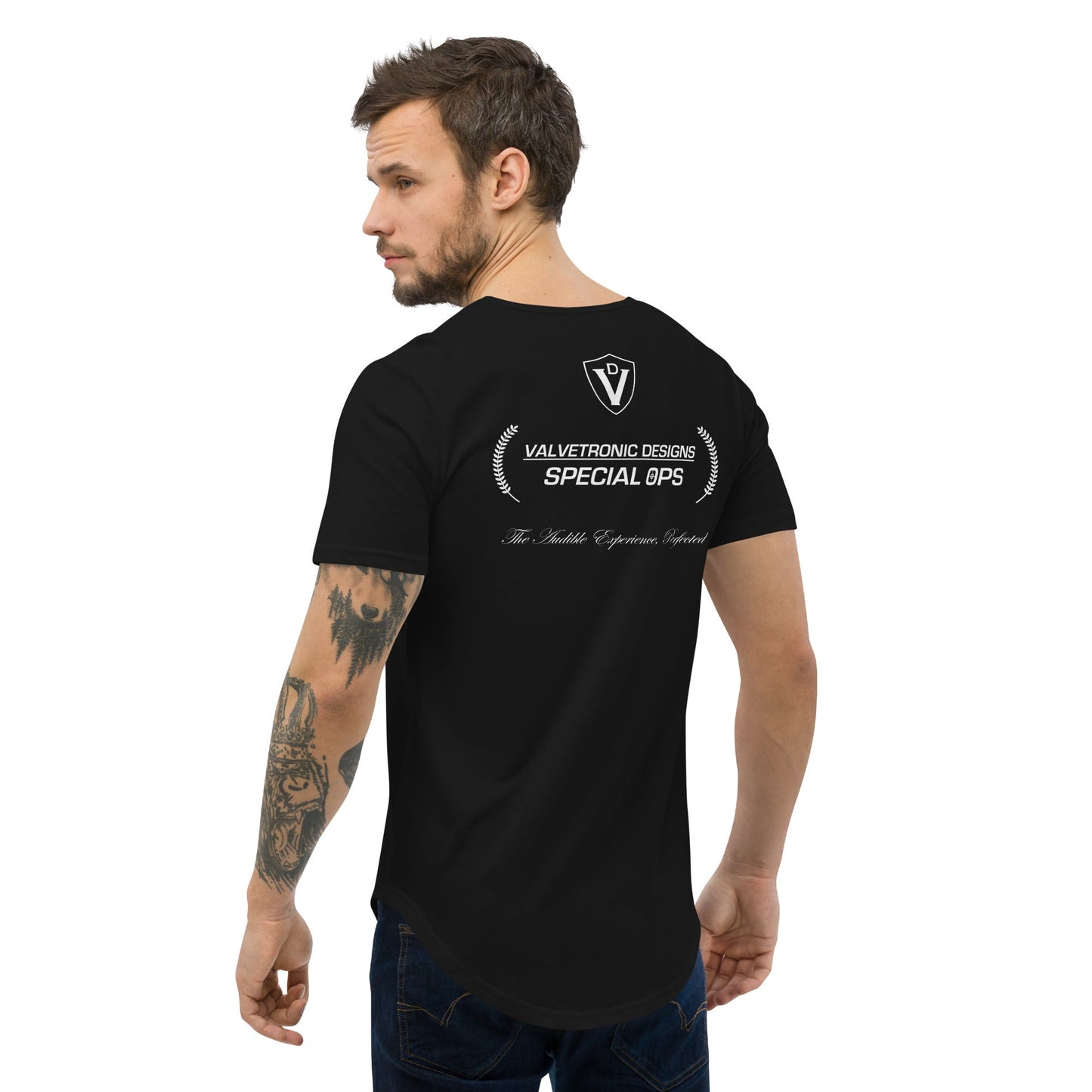 Men's Curved Hem T-Shirt Large special ops logo ( dark base colors)